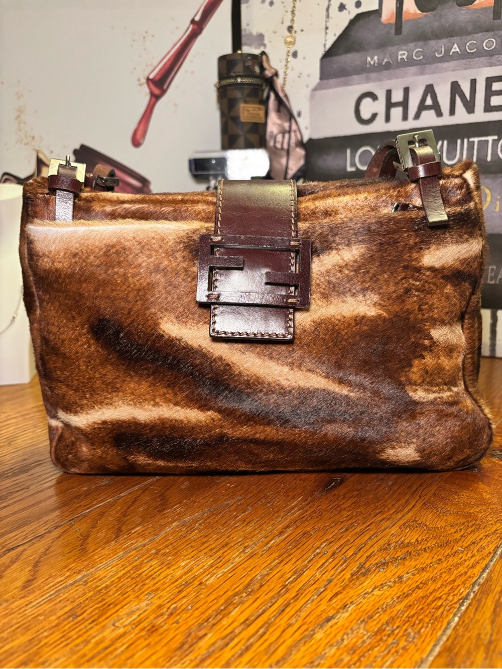 Fendi Vintage Mamma Baguette Brown Calf Hair FF Shoulder Bag Authentic COA